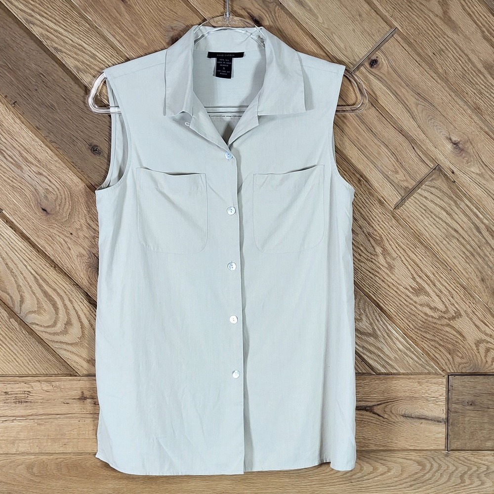 Anne Carson Silk Blouse Womens Small Sleeveless Button Down Pocket Beige